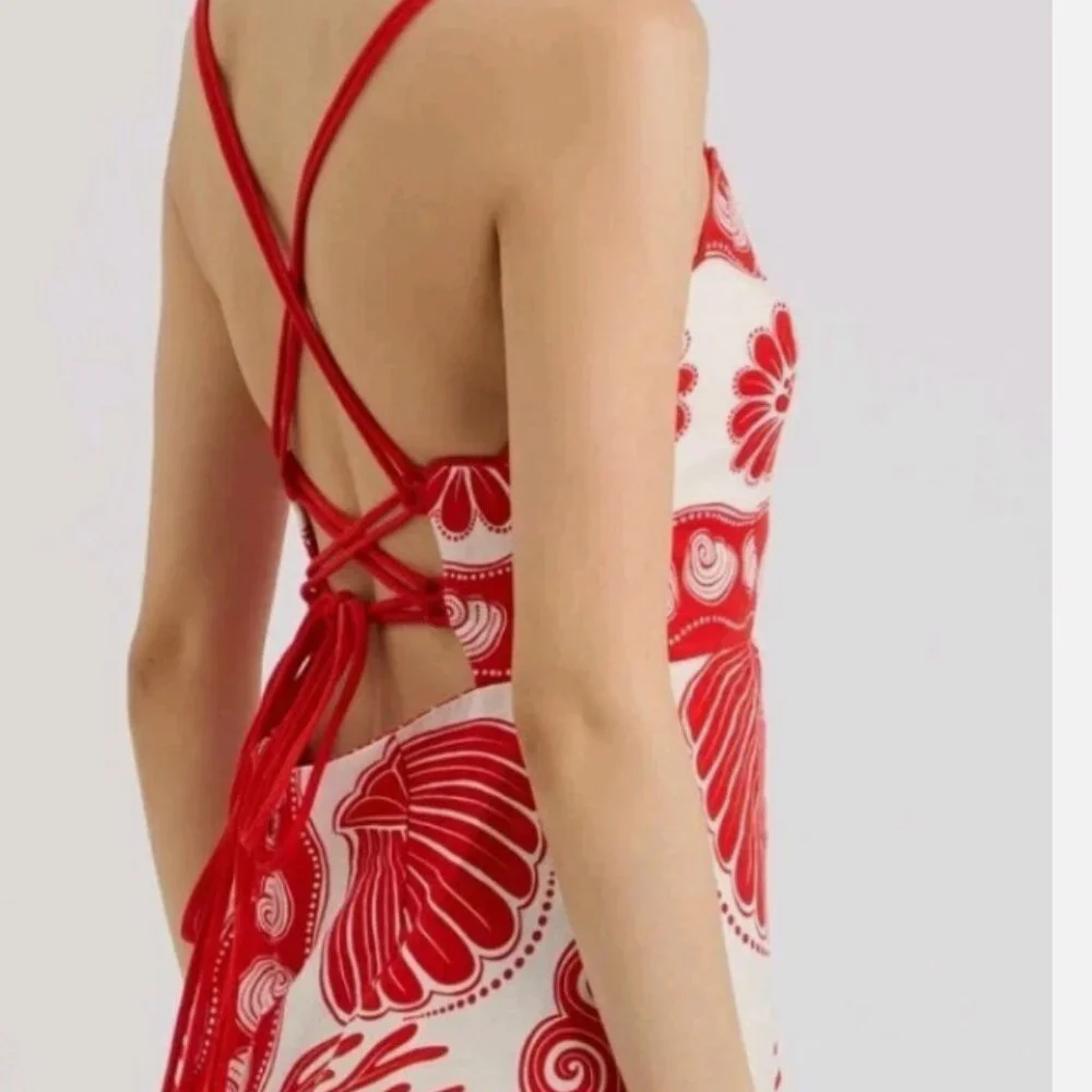 Farm Rio Red white ainika shell premium linen mini dress S 190 - Picture 2 of 3